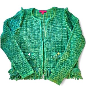Lilly Pulitzer Simora Fringe Cardigan Large Evergreen Exotic Tweed EUC
